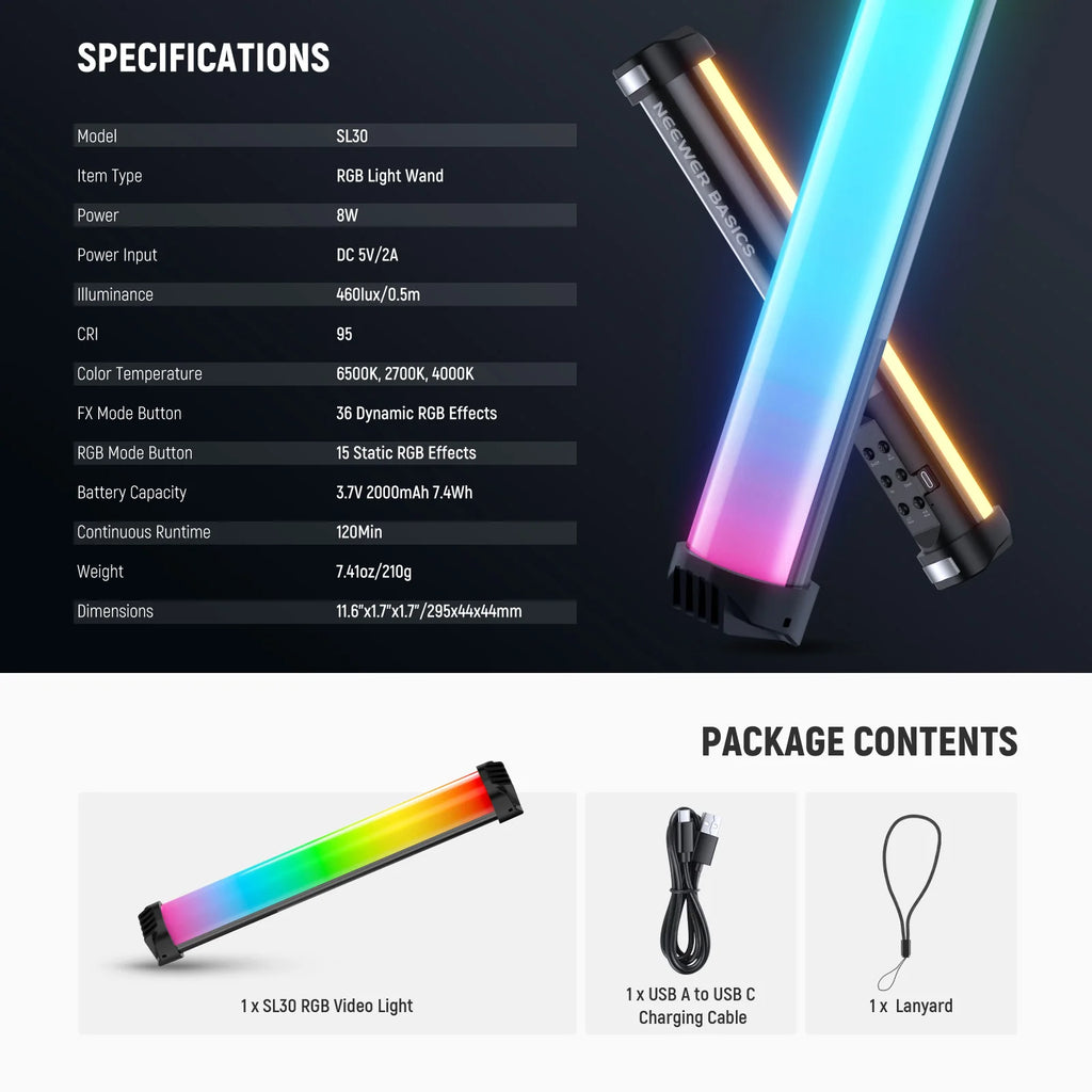 SL30 RGB LED light wand, 11.6-inch handheld tube for photography, includes USB-C charging cable and lanyard.