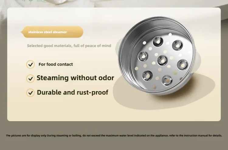 Stainless-steel steamer base with steam holes for odor-free steaming on a white electric cooker