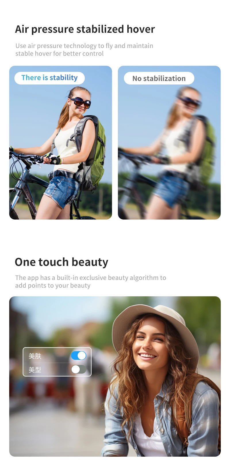 Comparison of air pressure stabilized hover for clear motion shots and app interface for one-touch beauty enhancement.