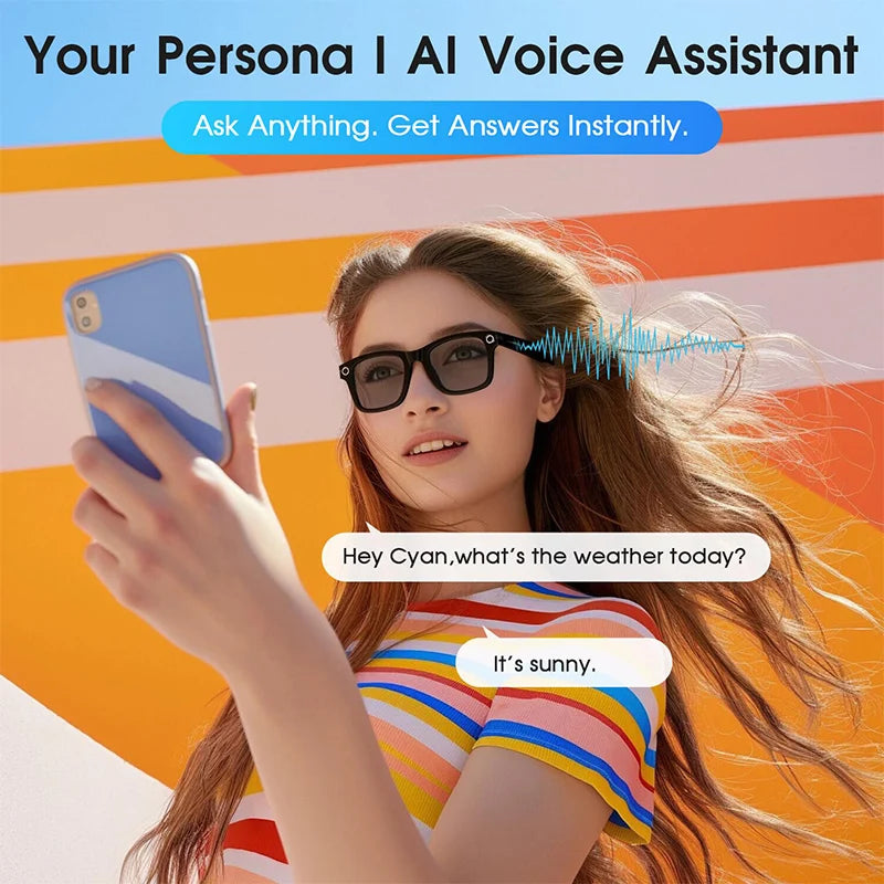 Black smart glasses with built-in AI voice assistant, featuring dark frames worn by a person holding a smartphone.
