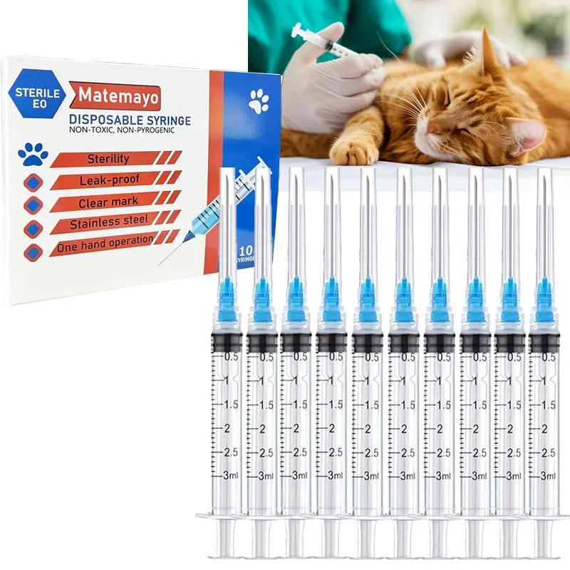 Sterile 3ml luer lock syringes with 23Ga needles for safe, easy pet medication and farm animal care.