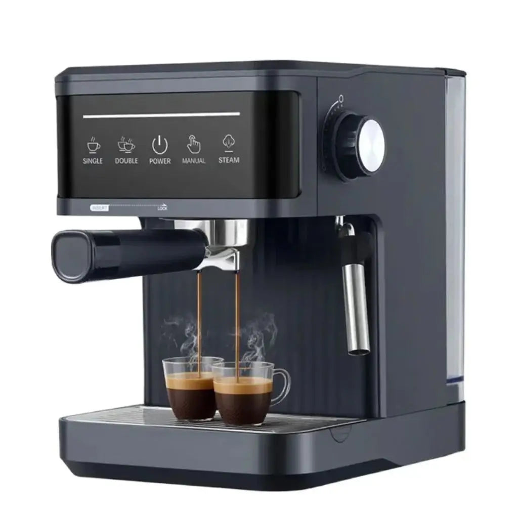 Matte black espresso machine with digital touch display, portafilter, and steam wand brewing two cups of coffee.
