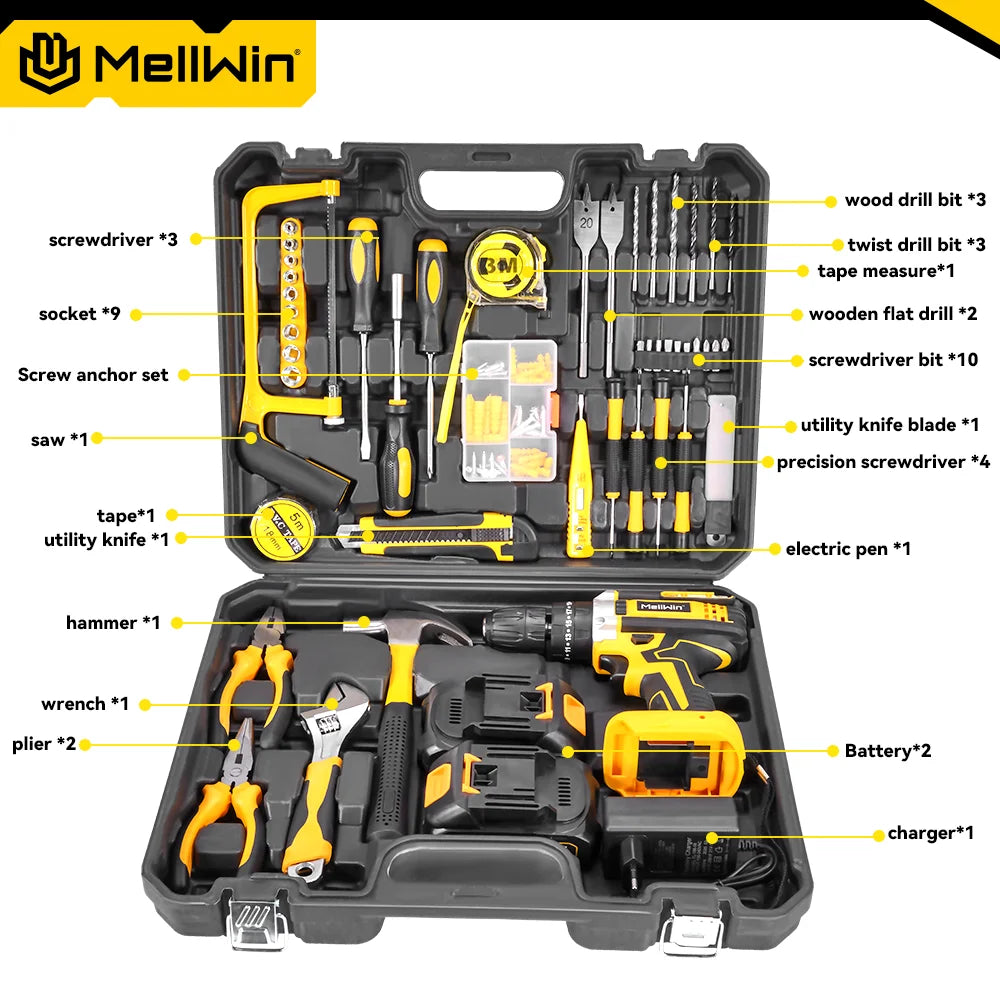MELLWIN 25+3 Torque Electric Impact Drill Set Multipurpose Cordless Electric Screwdriver Power Tool For Makita 18V Battery Pin