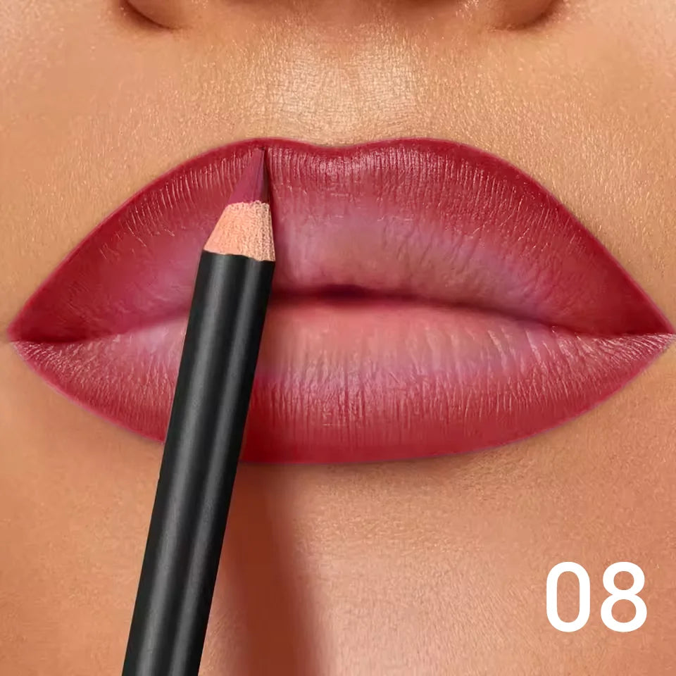 Long-lasting waterproof matte lip liner pencil applying deep berry shade for a precise, non-transfer lip makeup finish.