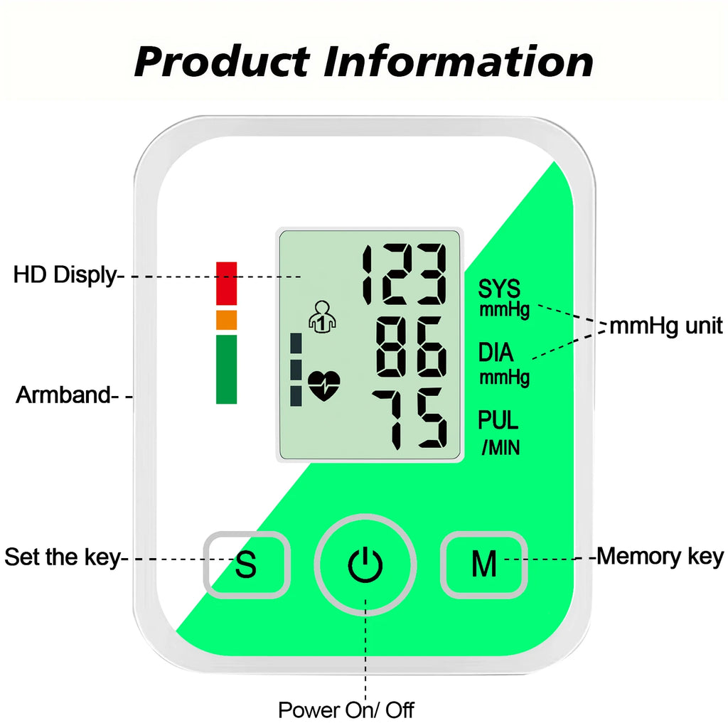 Upper Arm Automatic Blood Pressure Monitor BP Sphygmomanometer Pressure Meter Tonometer for Measuring Arterial Pressure