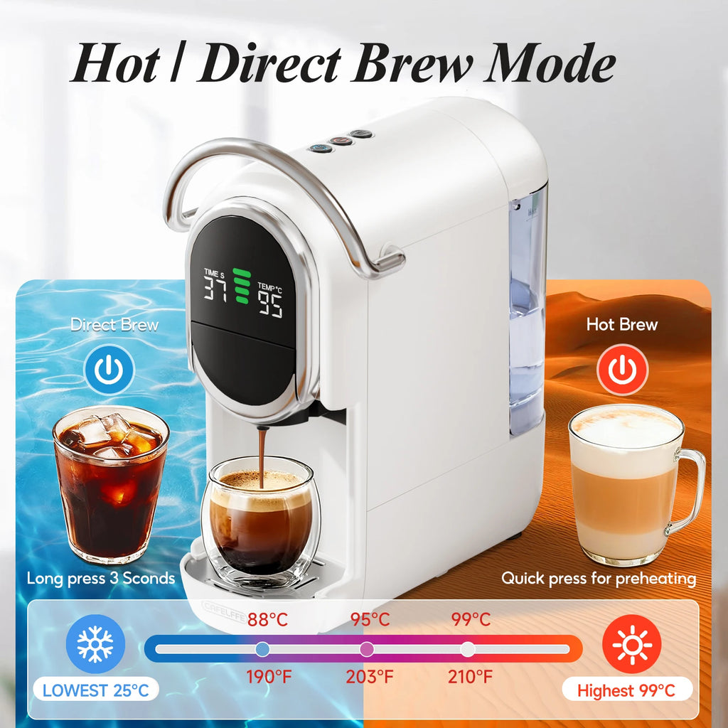 White Cafelffe coffee maker with digital display for hot and direct brew modes, featuring a removable water tank.