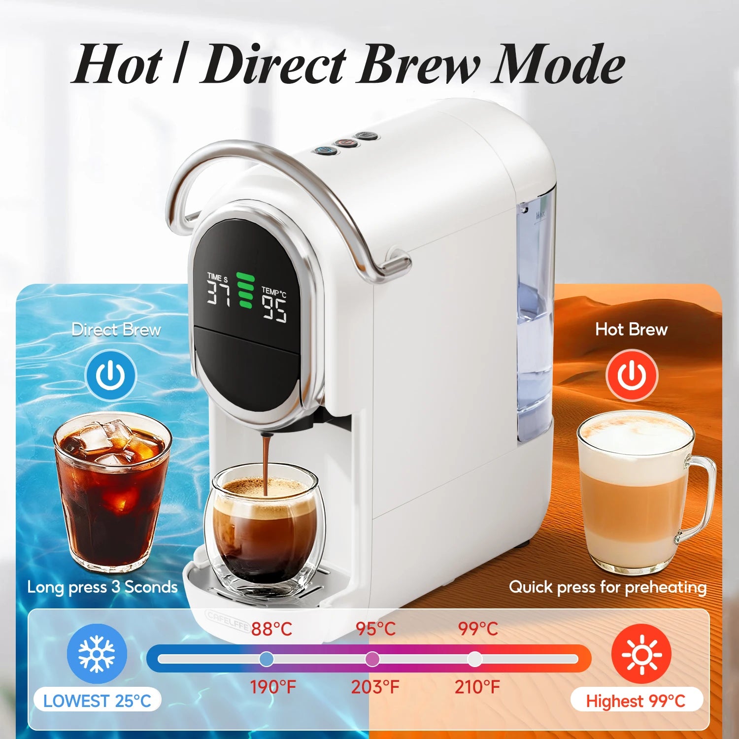 White Cafelffe coffee maker with digital display for hot and direct brew modes, featuring a removable water tank.