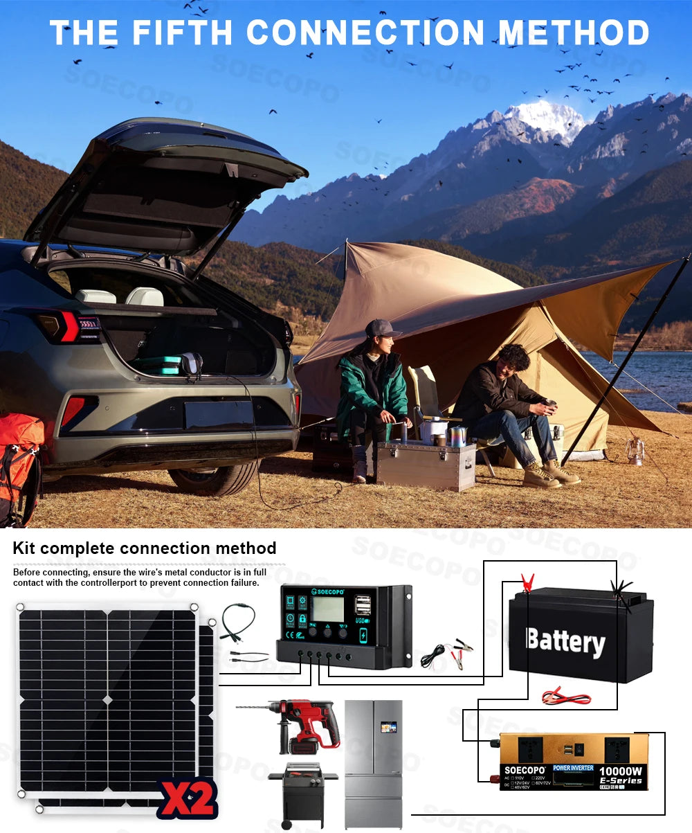 SOECOPO10000W Peak Solar System Kit 2x300W Solar Panels DC 12V 24V - AC 110V/220V Inverter 100A Controller for Home Camping