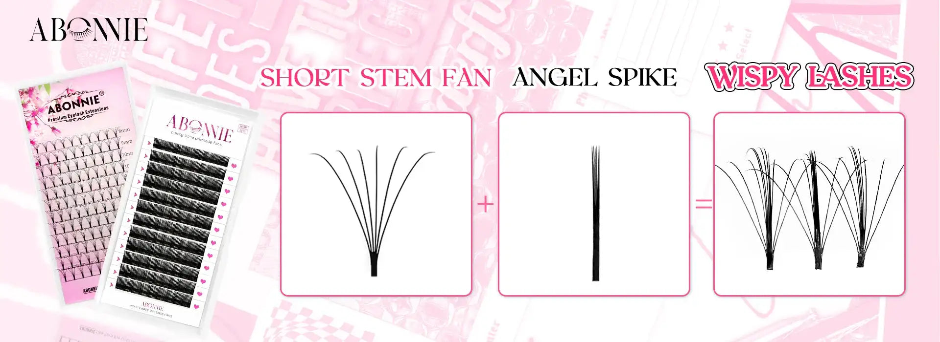 Abonnie lash trays showing short stem fans combined with angel spikes to create a wispy Russian volume lash effect.