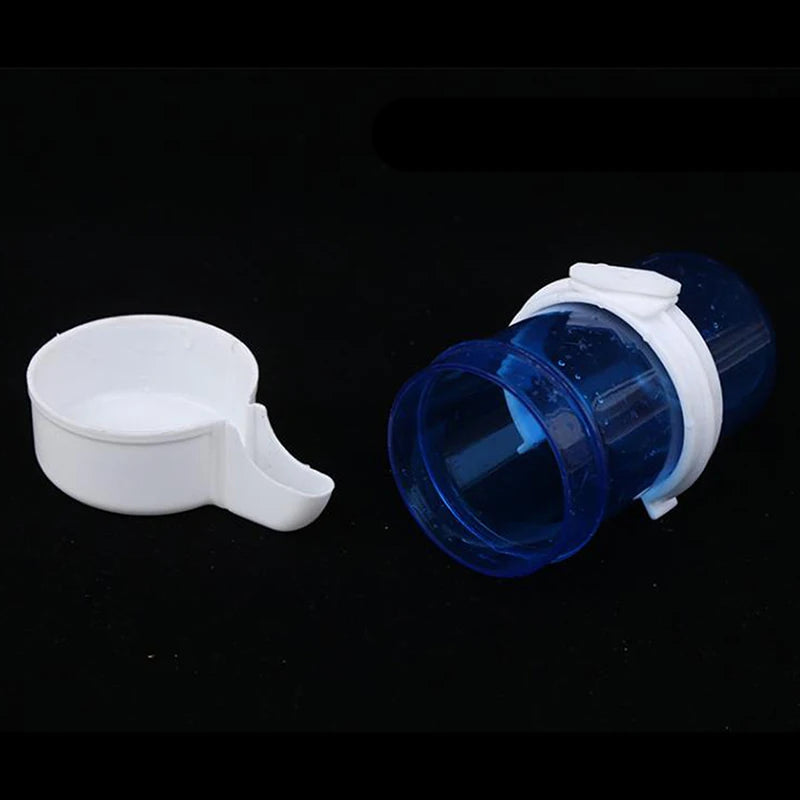 Blue and white plastic automatic bird feeder and water dispenser for parrot cages.