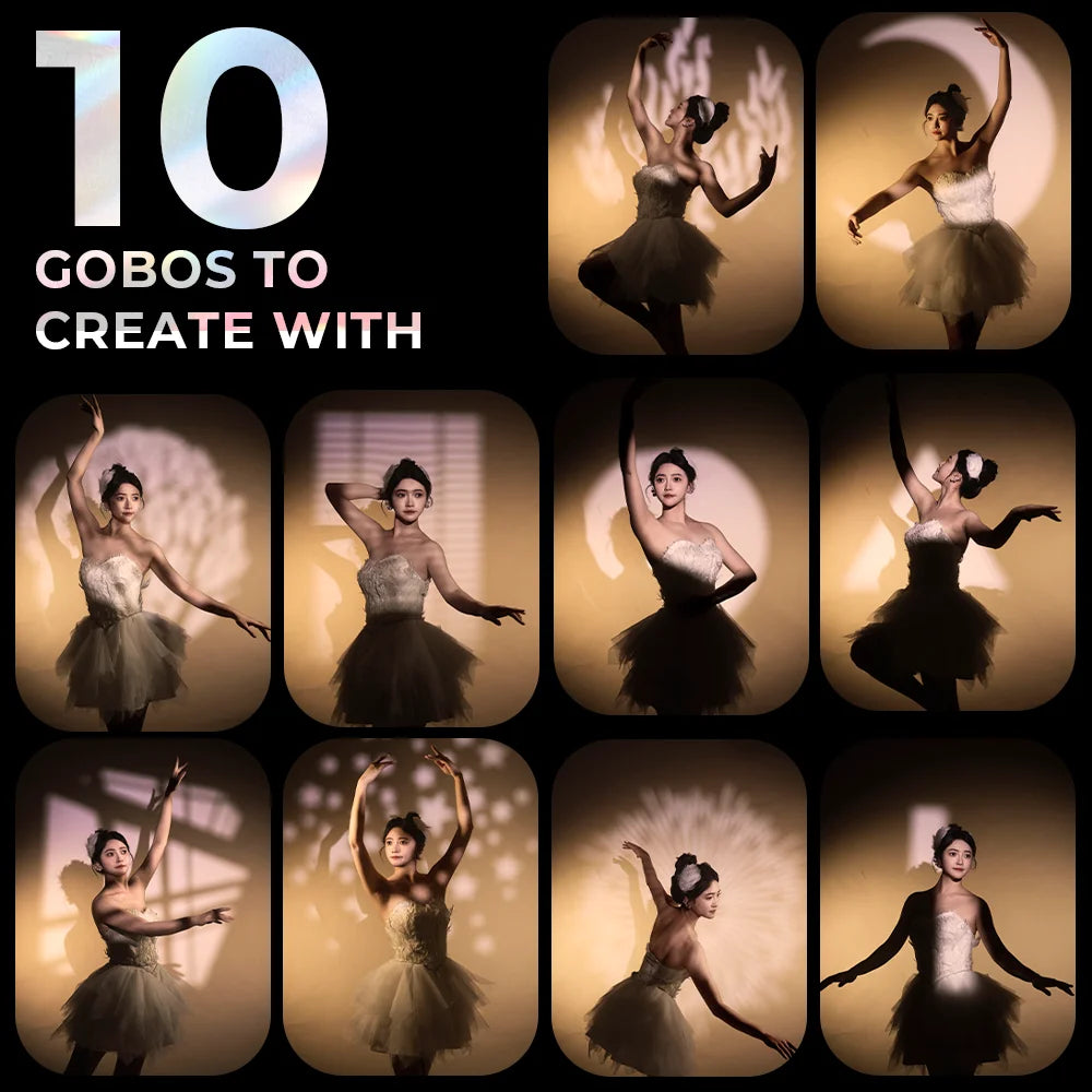 Ten circular metal light gobos projecting patterns of light and shadow behind a dancer for creative photography