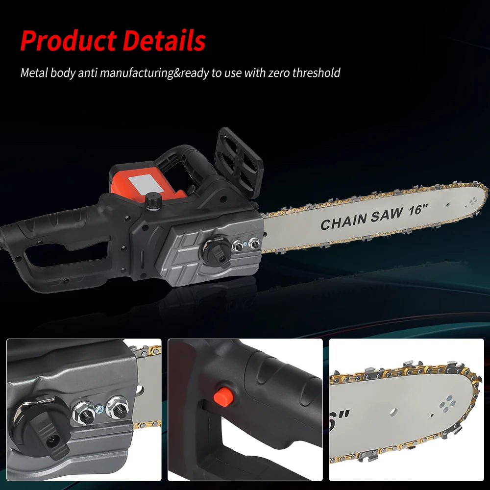 Podofo 16" 2000W Electric Large Chain Saw 16inch Corded High Speed Large Chain Saw Wire Motor Power Woodworking Cutter Garden Tool