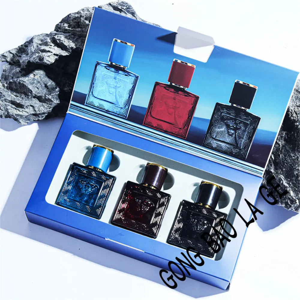 3pc Men’s Cologne Gift Set: 90ml square Medusa bottles, long-lasting fragrance, luxurious blue, red, and black perfume.