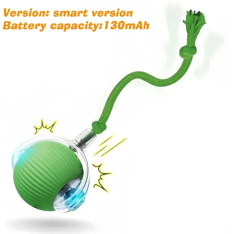 Green rechargeable smart interactive cat ball toy with tail for engaging, automatic play and exercise for indoor pets.