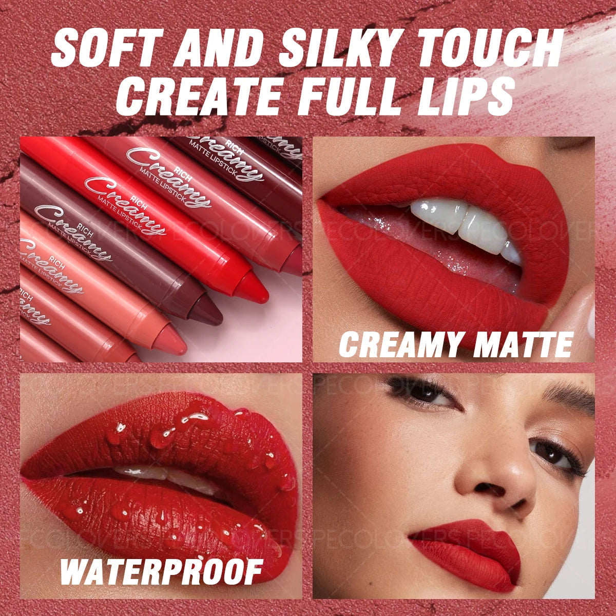 Soft matte lip crayon set with creamy, waterproof texture for vibrant, long-lasting lip makeup application.
