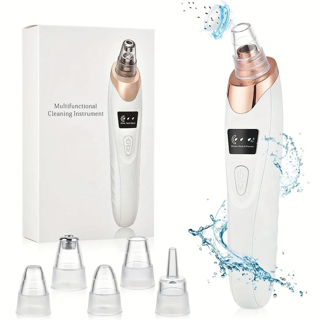 White and rose gold electric blackhead remover with 5 clear suction heads and a box, displayed with water splashes.