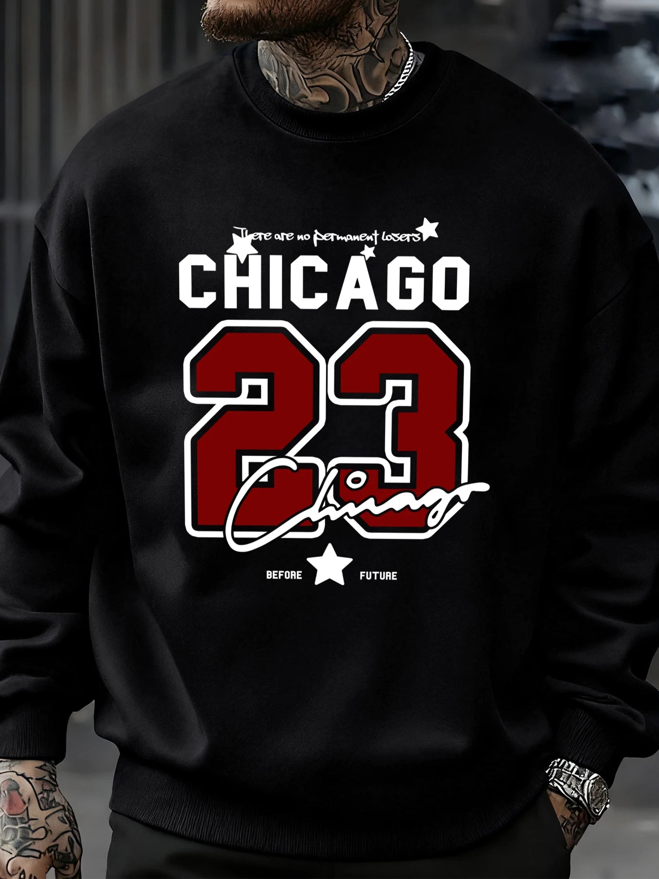 Black crewneck fleece sweatshirt featuring a bold red and white Chicago 23 graphic print on the chest.