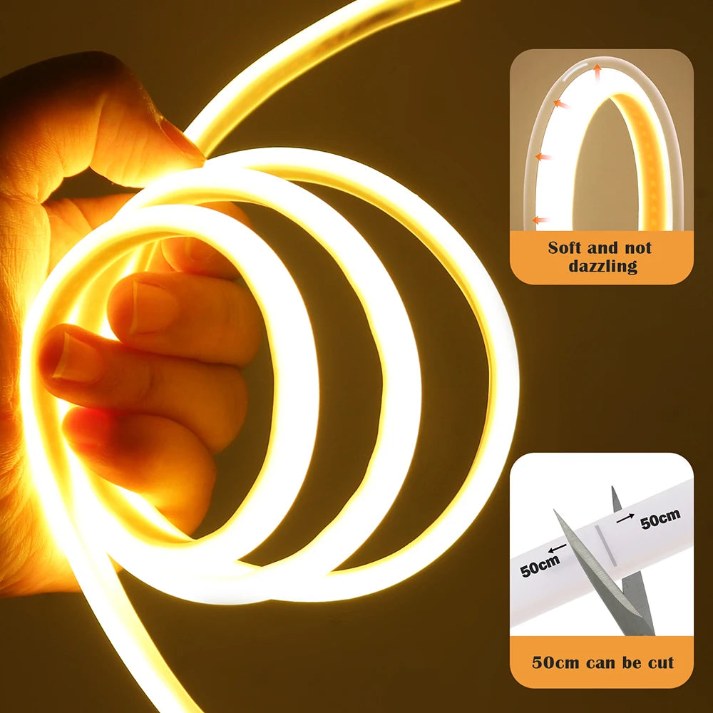 Dimmable 220V COB LED Light With Dimmer EU Power Kit Neon Strip 288Leds/M Waterproof Garden Room Home Bar Lighting Flexible Lamp