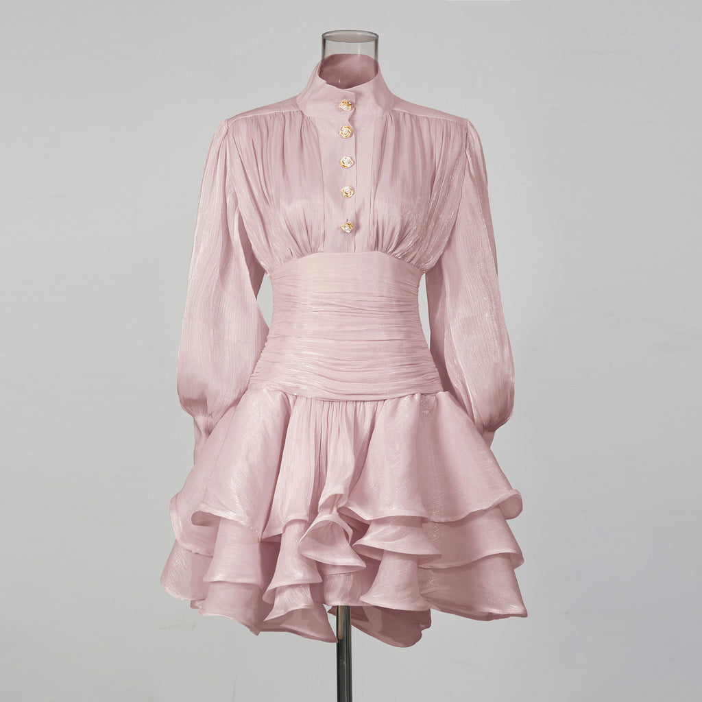 VGH Beach Style Solid Casual Short Dresses For Women Stand Collar Long Sleeve High Waist Spliced Button Chic Dress Female New
