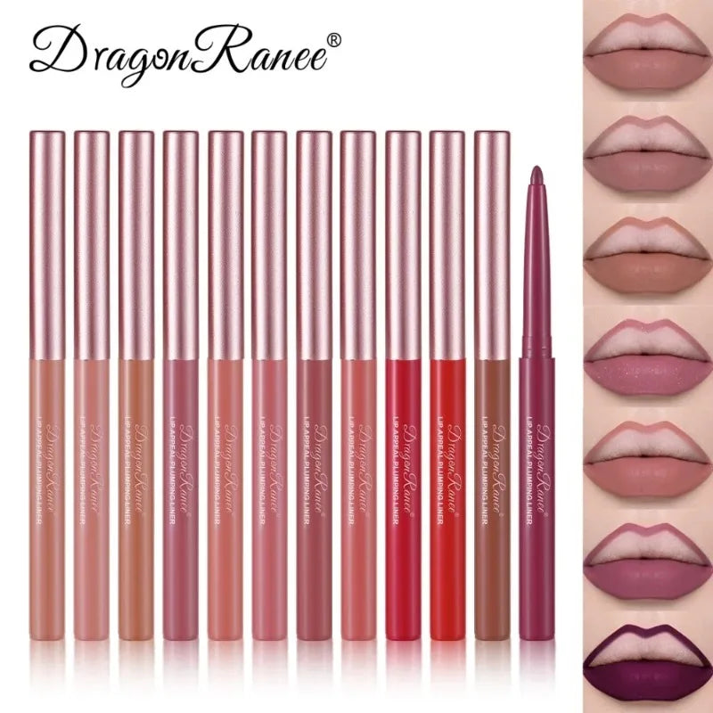 Matte lip liner pens in various shades with waterproof, long-lasting velvet finish and smooth crayon texture.