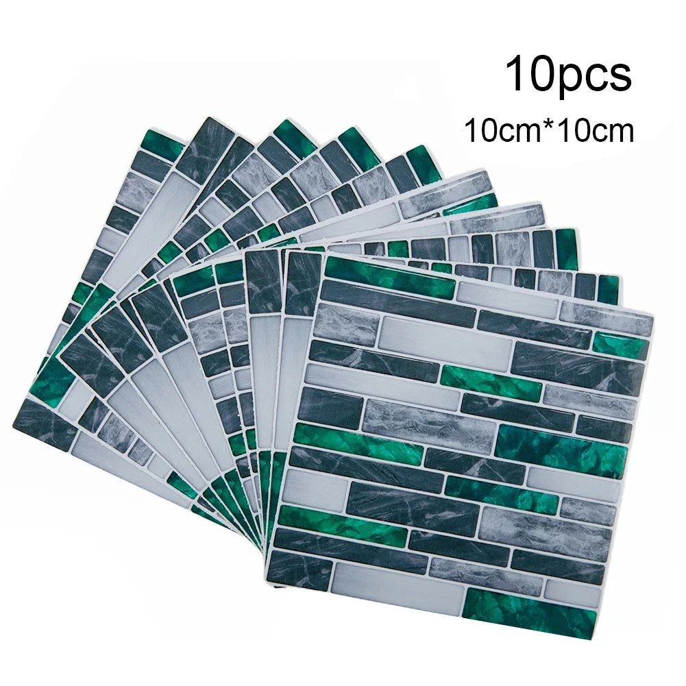 Self-adhesive 3D mosaic tile wall sticker sheets set with gray and bright green accents