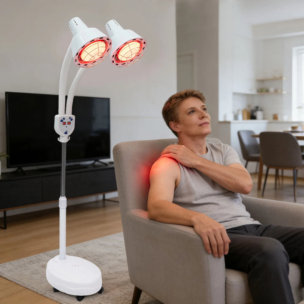 275W double-head infrared heat lamp for pain relief with adjustable temperature and remote for home salon therapy.