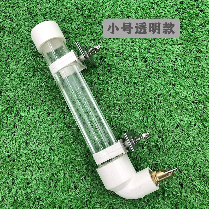 Large transparent parrot water dispenser and needle feeder for easy, automatic hydration in bird cages.