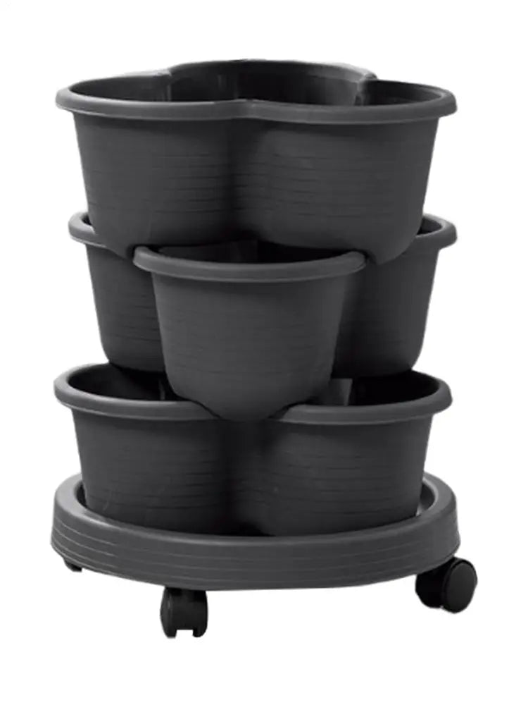 3-tier stackable dark planter tower with three pots and rolling base wheels