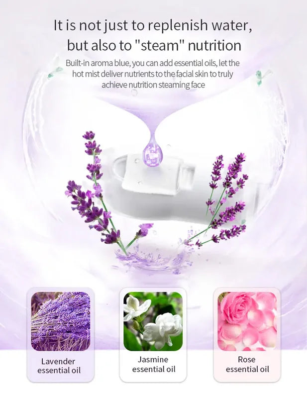 White facial steamer machine with lavender, jasmine, and rose essential oils for aromatherapy and nano mist skin care.