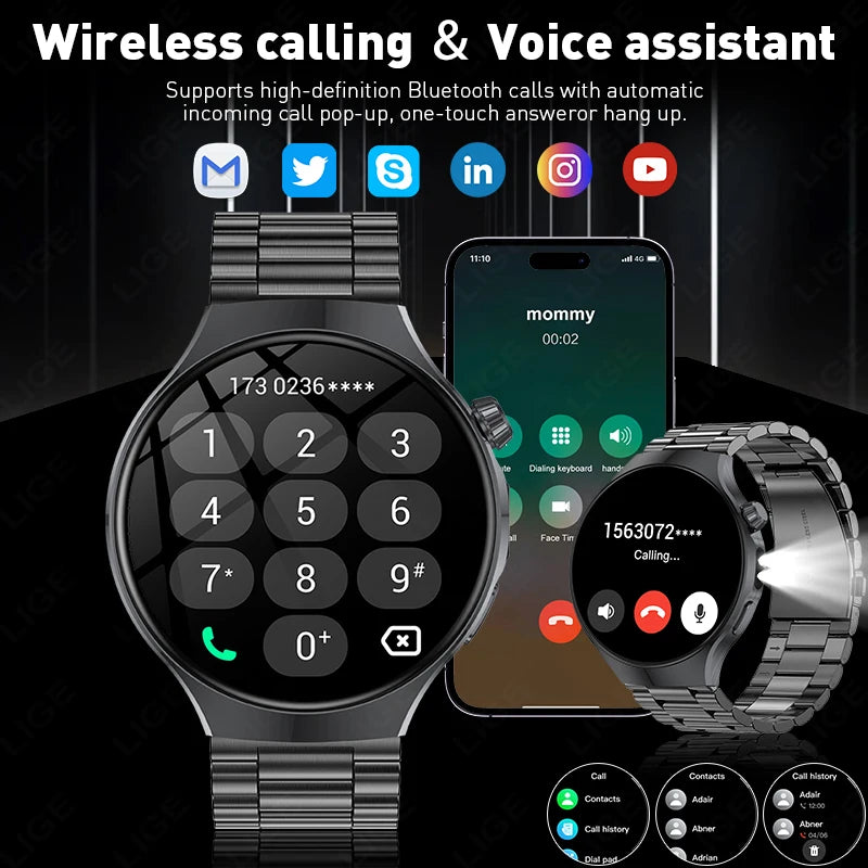LIGE New 1000mAh Battery Smart Watch Health Monitor Bluetooth Call LED Flashlight Sports Tracker Smart Bracelet For Android ios
