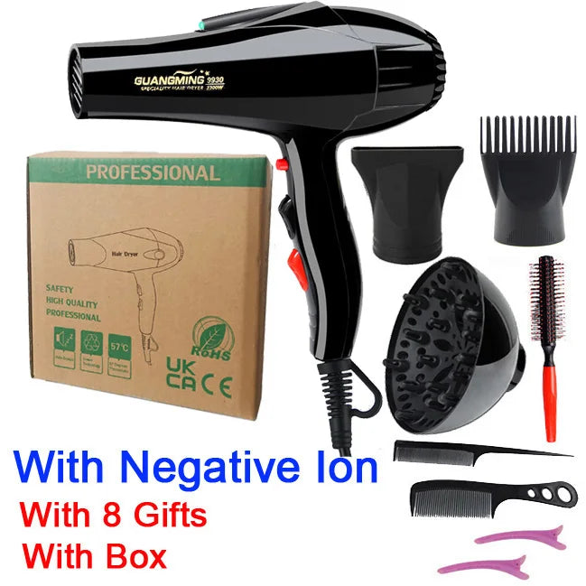 Black 2100W professional hair dryer with negative ion, attachments, brushes, and gift set in a box.