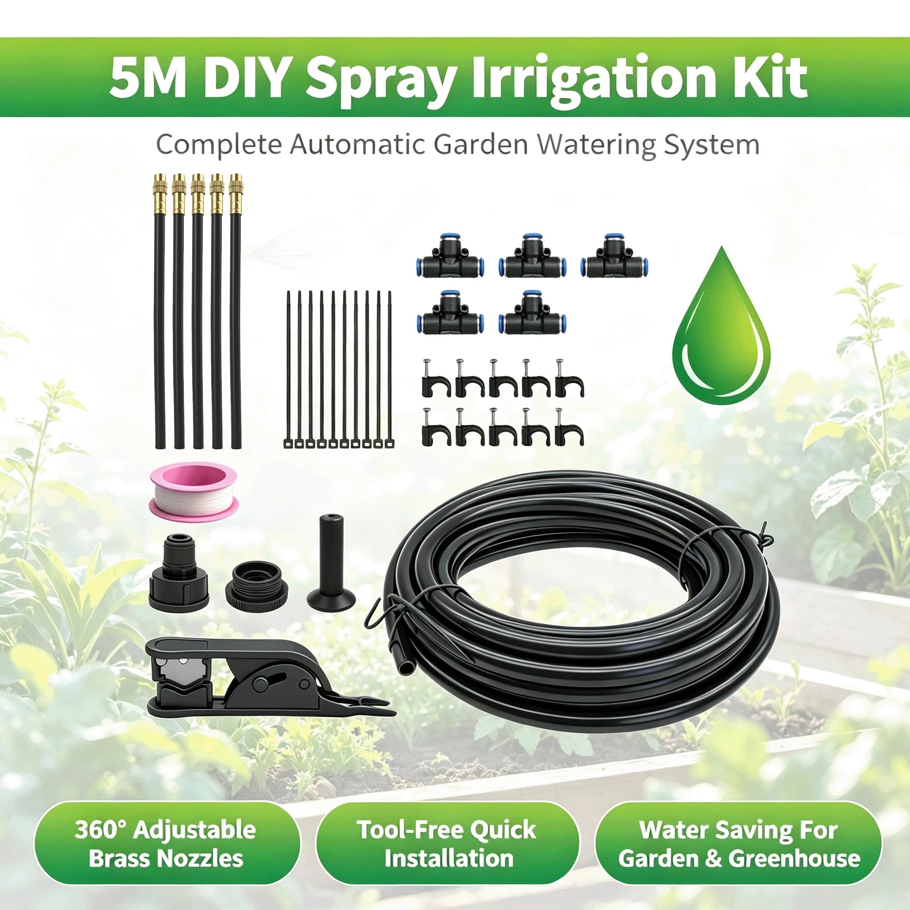 🌿 5M DIY Drip Irrigation System Kit | 360° Adjustable Brass Misting Spray Nozzle | Automatic Garden Watering Set for Vegetable Plot, Pot Plant, Greenhouse