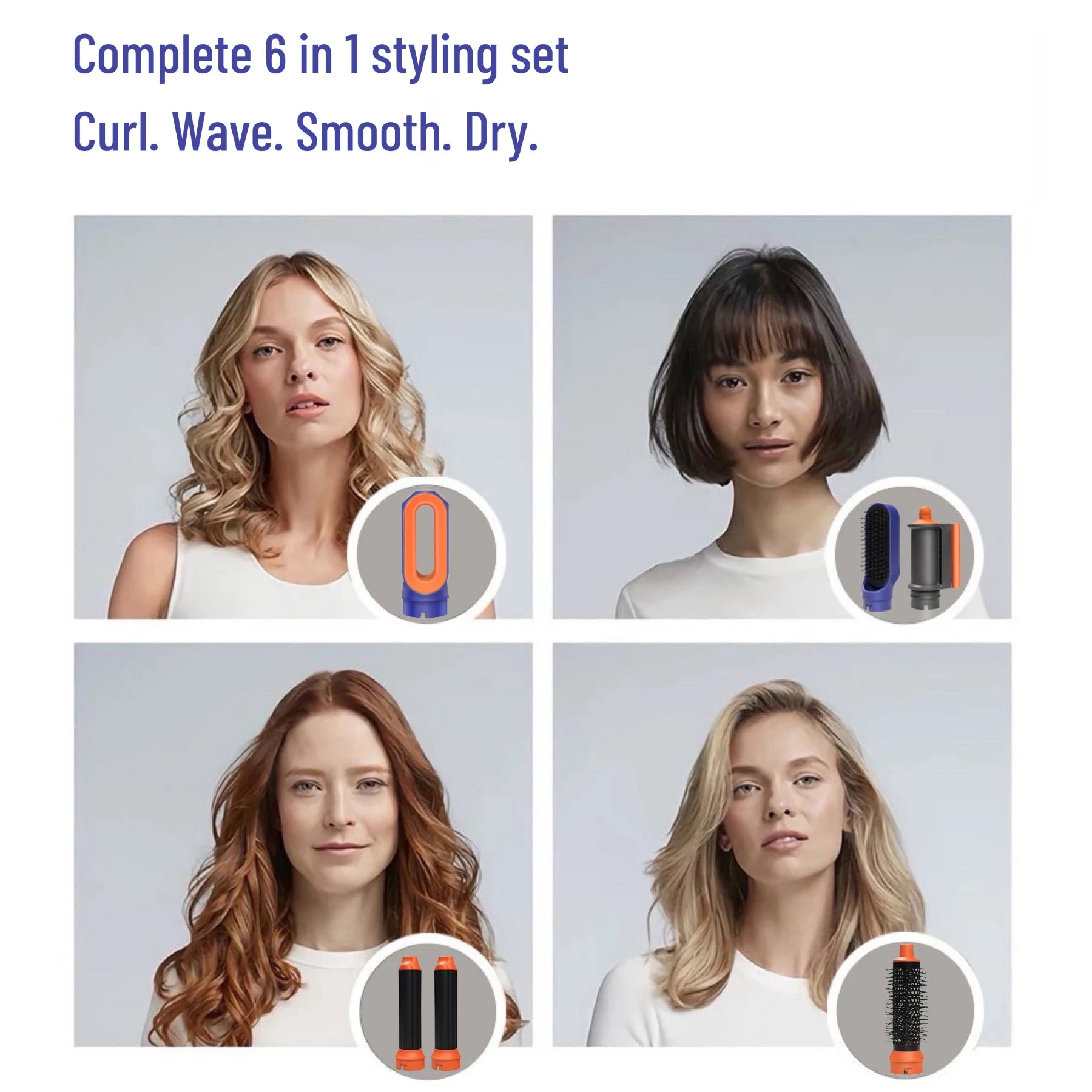 6-in-1 hair styler set with orange and blue attachments for drying, curling, and smoothing all hair types.