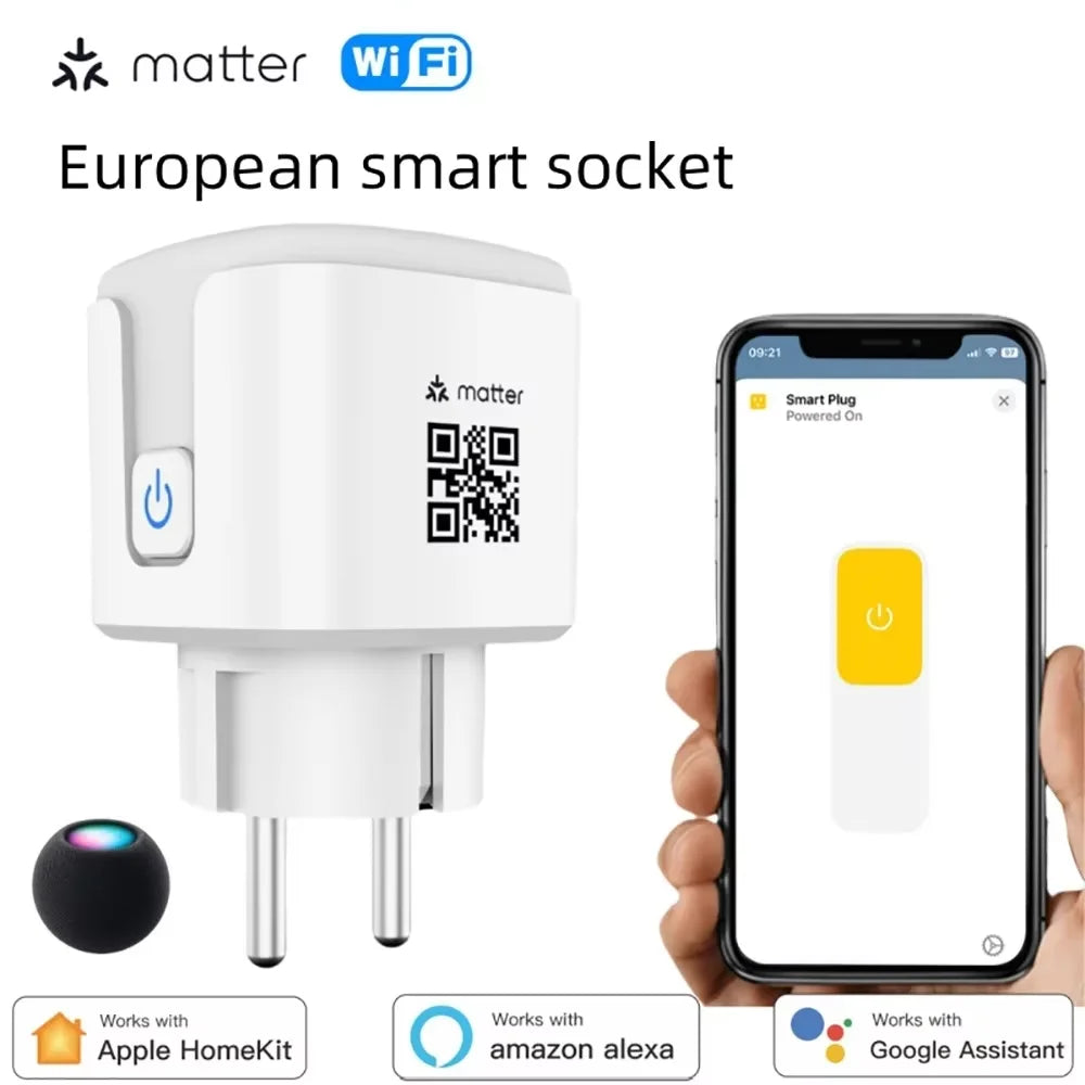 Matter WiFi Smart Socket EU16A Mini Smart Plug Adapter APP Control Works with HomeKit Alexa Google