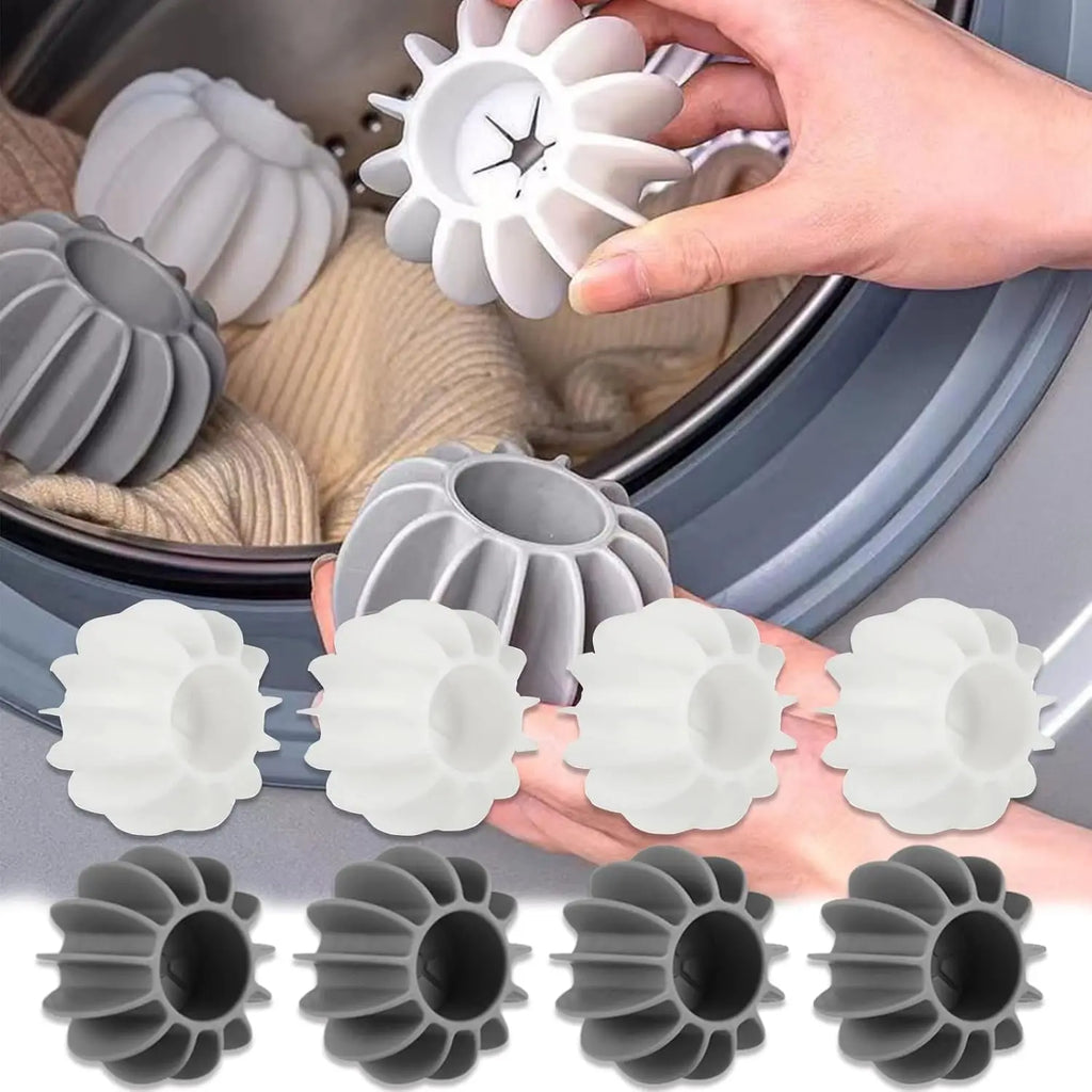 Reusable silicone laundry balls in white and grey to remove pet hair and lint from clothes in the washing machine.