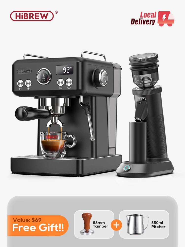 HiBREW black espresso machine with grinder, 58mm portafilter, digital display, and free barista accessory gift set.