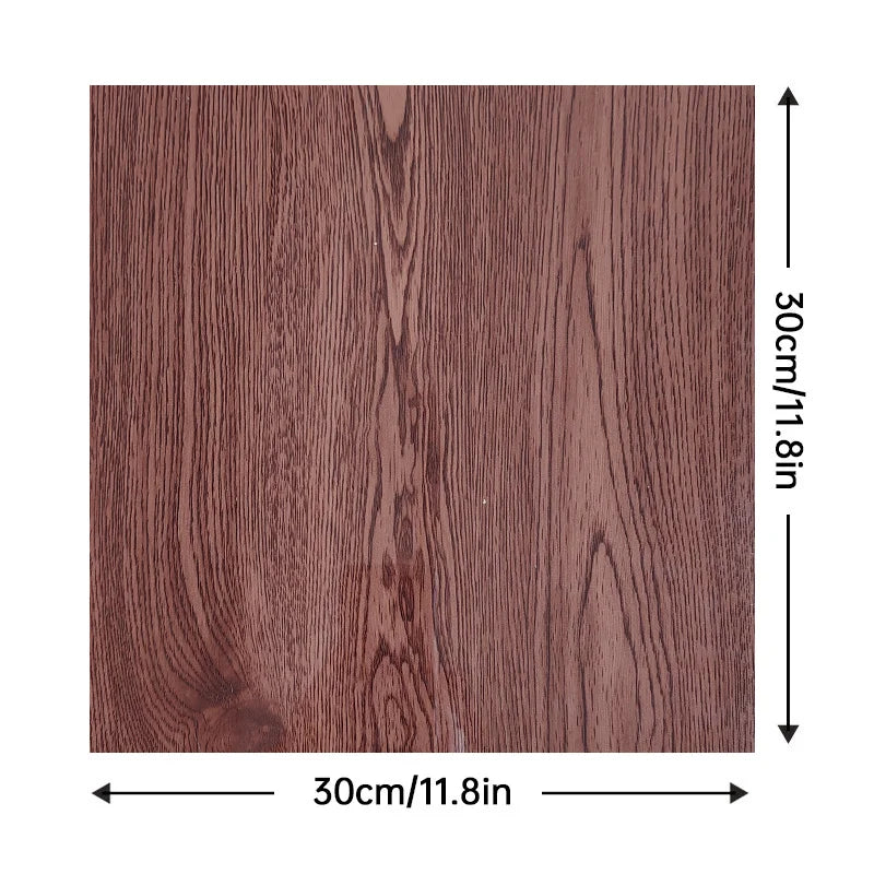 Peel-and-stick wood-grain tile, warm reddish-brown stripes, square 30cm x 30cm