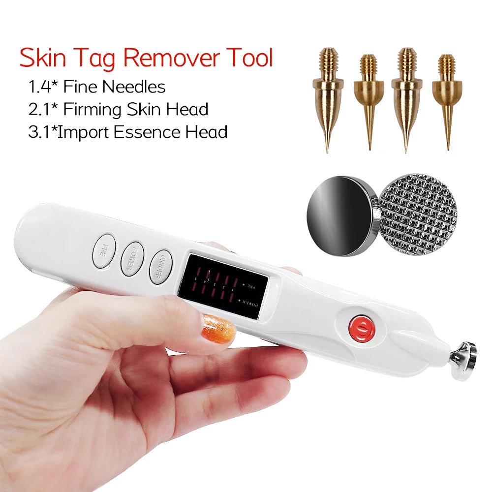 White handheld plasma pen for skin tag, mole, and spot removal with needle tips and facial heads.