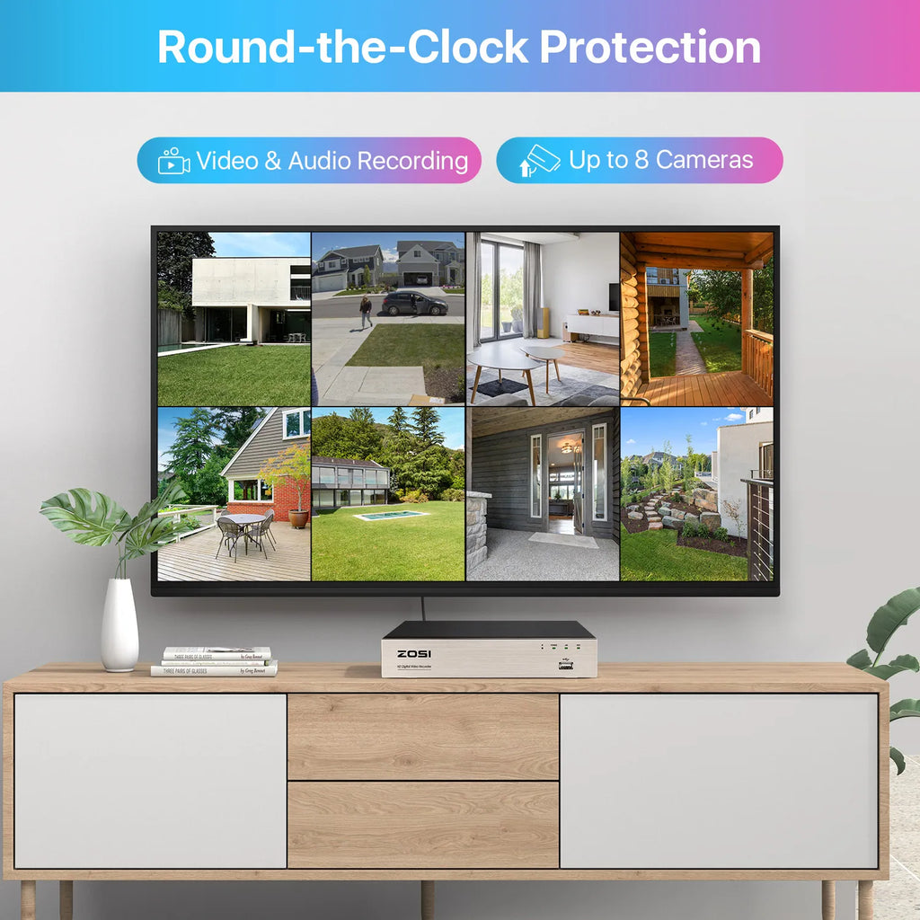 ZOSI 8CH 1080P Wired Security Camera System H.265+ 8CH 5MP Lite HD CCTV DVR Recorder 2MP Indoor/Outdoor Dome Surveillance Camera