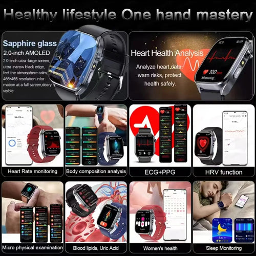 Black smartwatch with heart-health analysis screens shown, on a dark link band