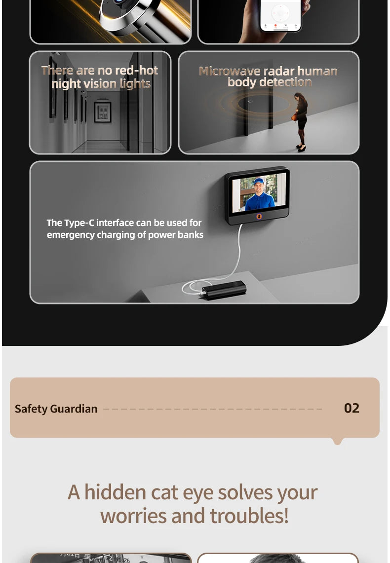 Danmini 4.3'' Visual Doorbell Peephole 1080P Camera App Remote Control Digital Cat Eye Night Vision Outdoor Monitor Door Viewer