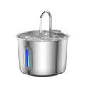 2.2L stainless steel automatic pet water fountain with filter and blue LED water level indicator for cats and dogs.