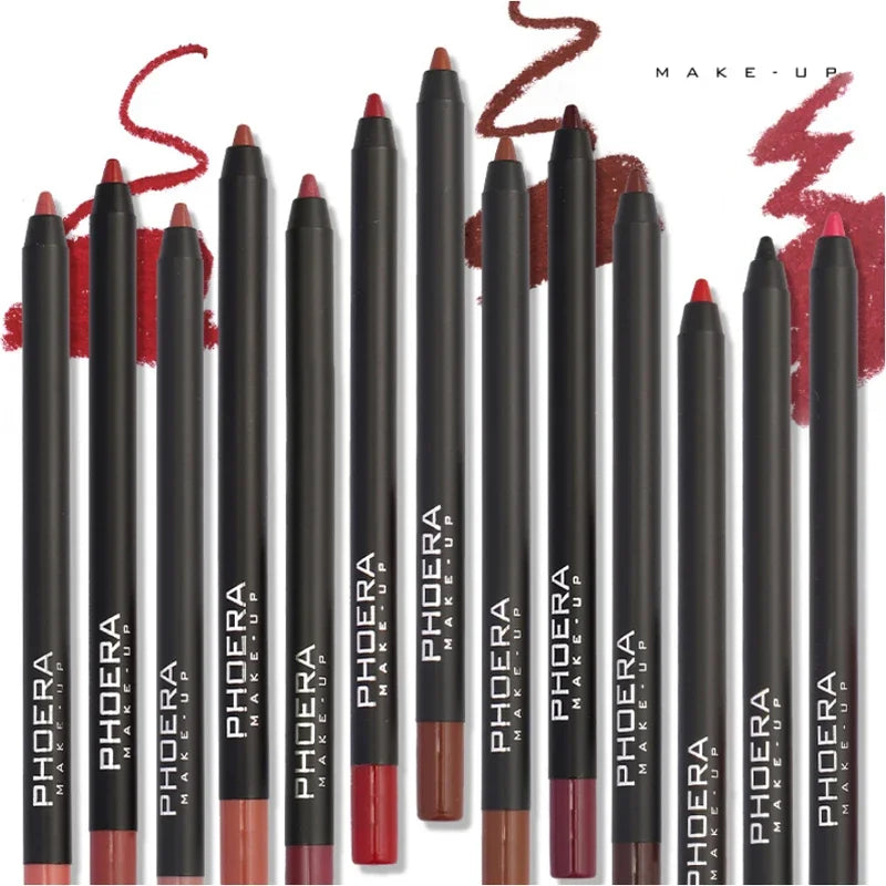 Set of Phoera waterproof matte lip liner pencils in various nude, brown, and red shades for long-lasting lip makeup.