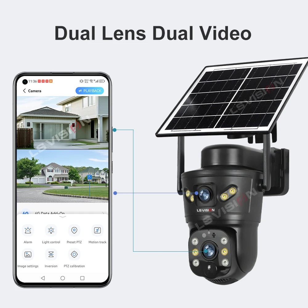 LS VISION 4G /WIFI Outdoor Solar Camera 8MP Dual Lens PIR Sim Card Built in Night Vision Waterproof Security Camera Battery CCTV
