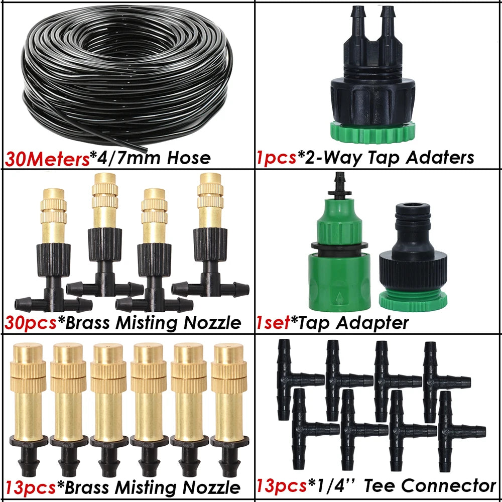 5M-30M Misting Cooling System Garden Irrigation Watering 1/4'' Brass Atomizer Nozzles 4/7mm Hose for Outdoor Patio Greenhouse