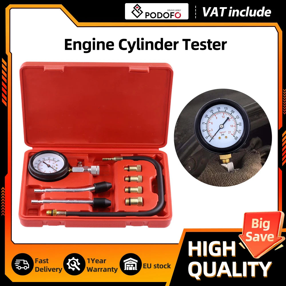 Podofo 8PCS Petrol Engine Cylinder Pressure Gauge 0-300PSI Automotive Compression Tester with Adapters for Vehicle Motorcycle