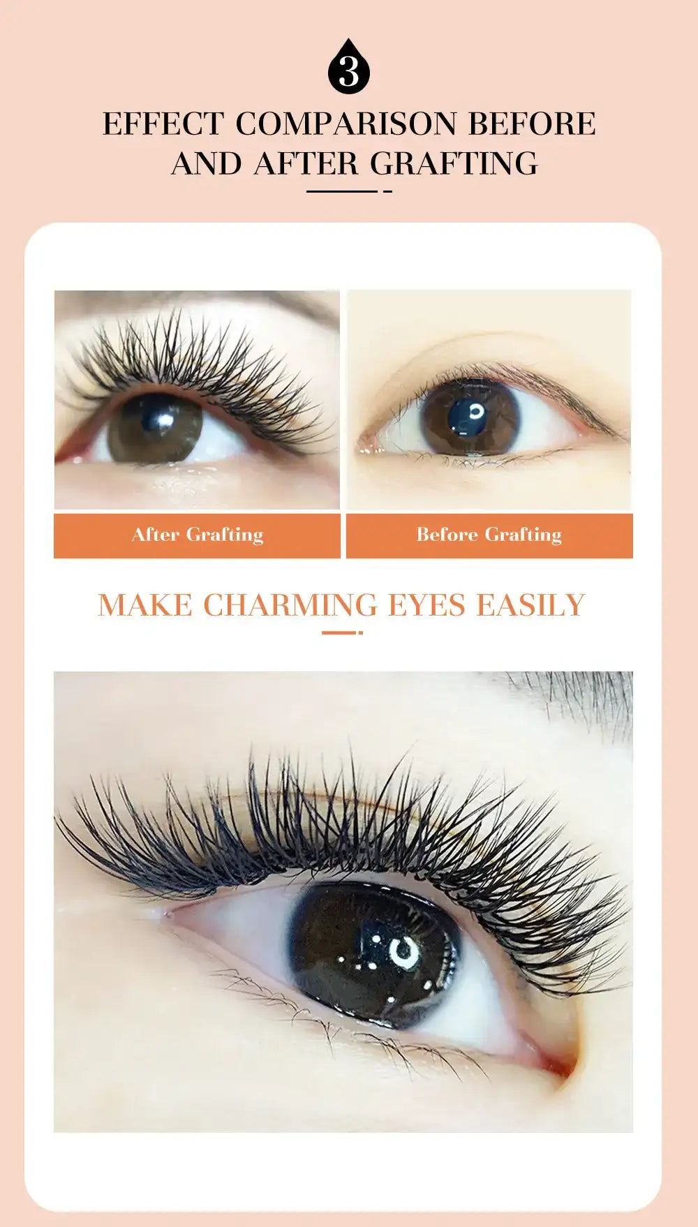 Before and after comparison of DeceMars 6D-W shaped black eyelash extensions for a voluminous, feathered look.