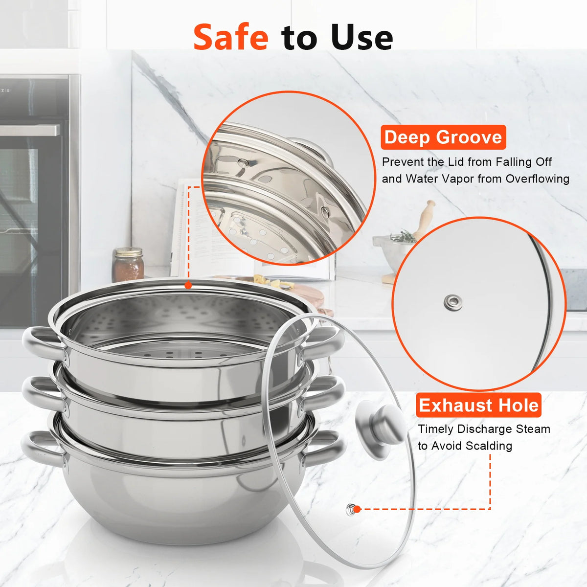 Stainless steel 3-tier steamer pot with domed glass lid, deep rim groove, and steam exhaust hole