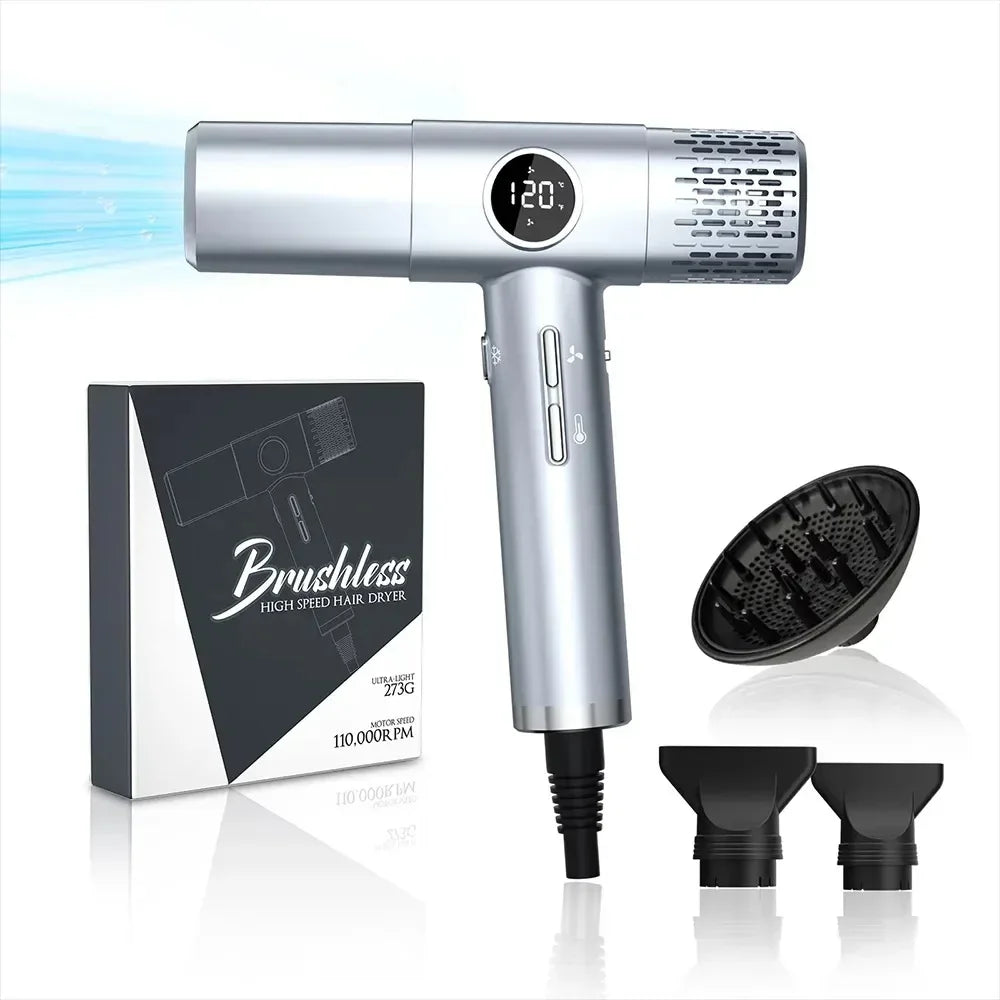 Silver 110k RPM high-speed hair dryer with LCD display, diffuser, concentrator nozzles, and ionic brushless motor.