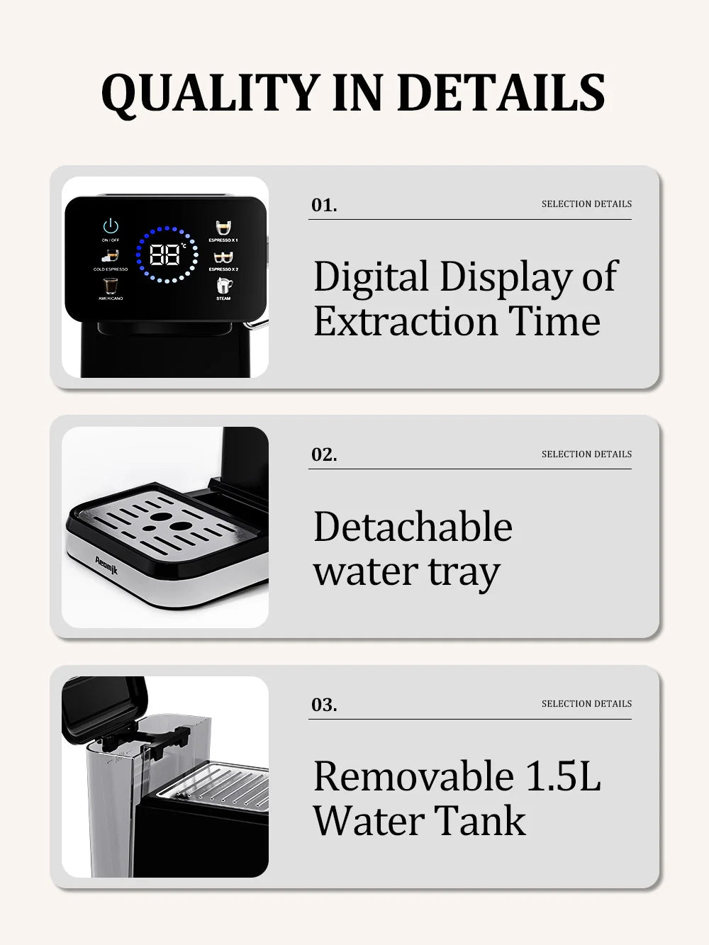 Reamika espresso machine features: digital display, detachable drip tray, and a removable 1.5L water tank.